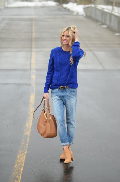 royal blue knitted sweater with cuffed boyfriend jeans