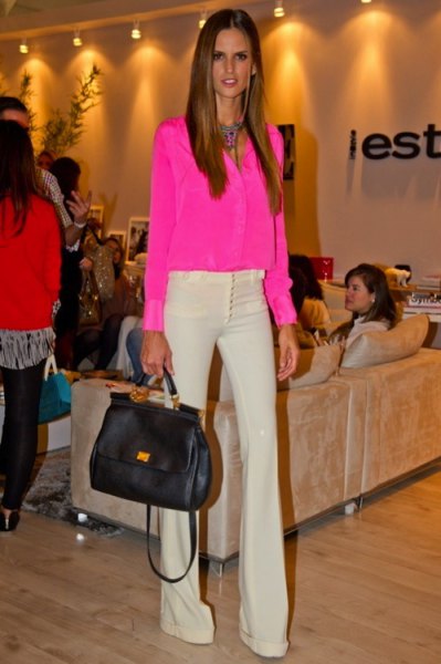 pink chiffon button blouse with light yellow blown pants