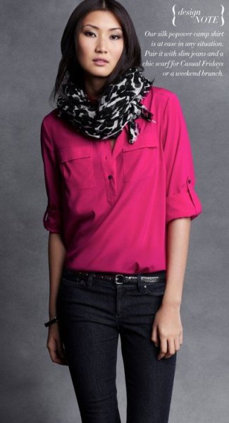 blush chiffon half-heated blouse with black and white printed scarf
