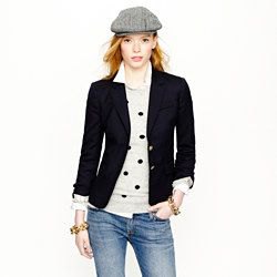 gray polo shirt with black knitted blazer and blue jeans