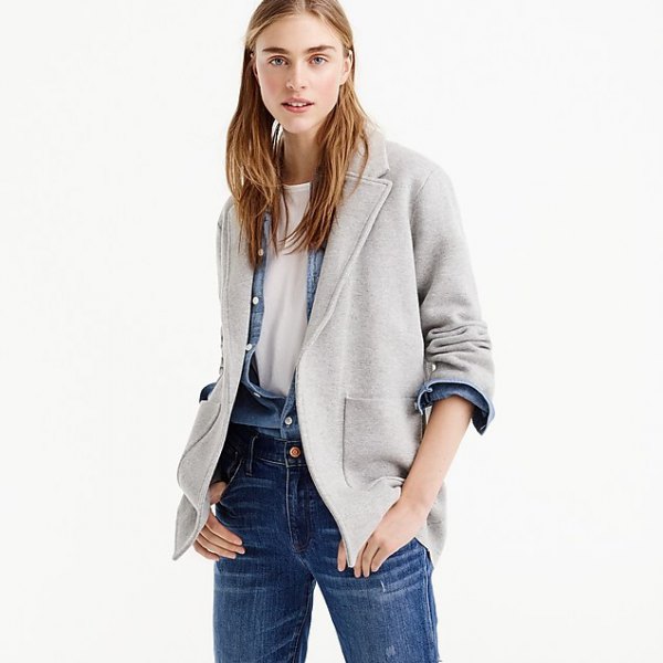 gray blazer with chambray button closure and blue jeans