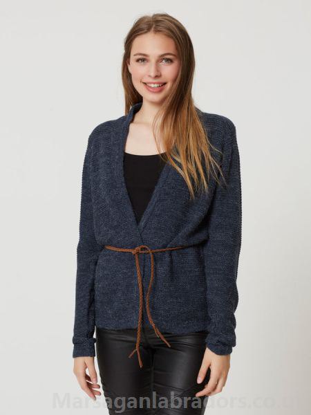gray belt wrap knitted blazer with black leather pants