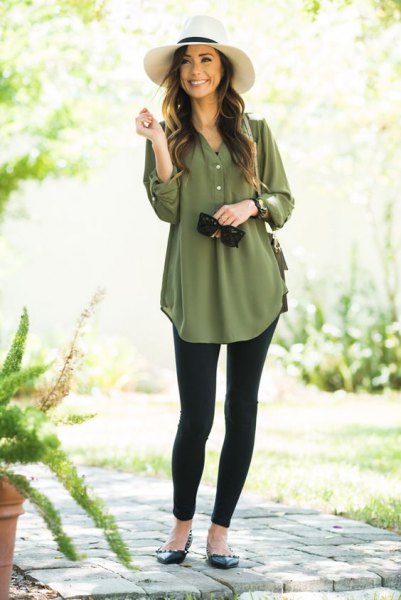green button up chiffon dress tunica blouse with black leggings