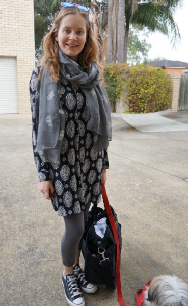 black and white tribal printed dress with tunic with gray scarf