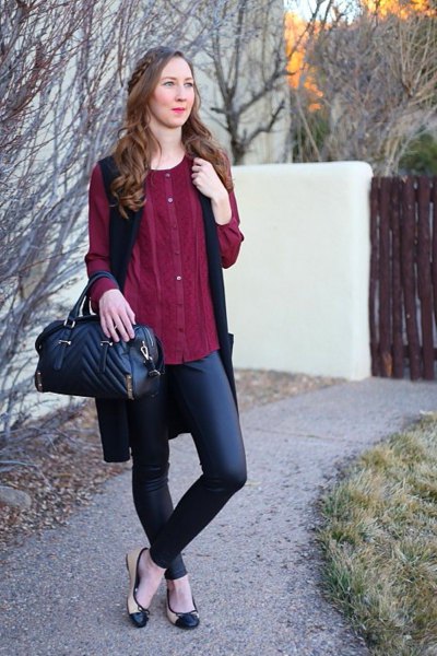 burgundy button up dress with tunic with black leather pants