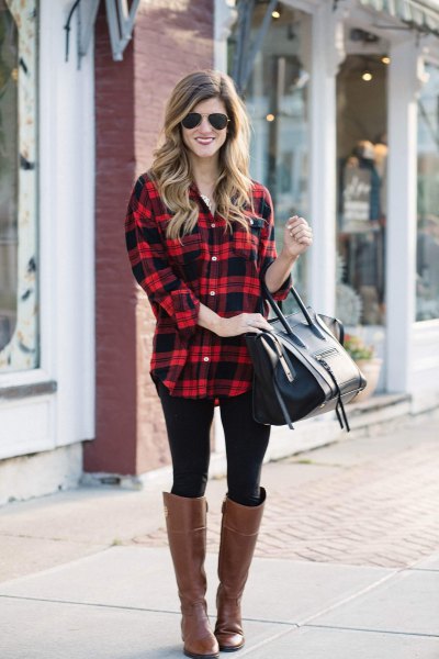 red and black checkered long boyfriend shirt with brown leather shoes