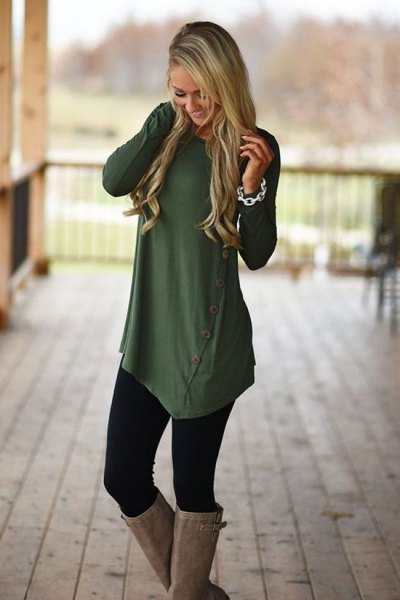 olive green asymmetrical button up long shirt with leggings and knee high boots