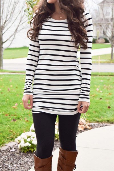 black and white striped long sleeve t-shirt with leggings