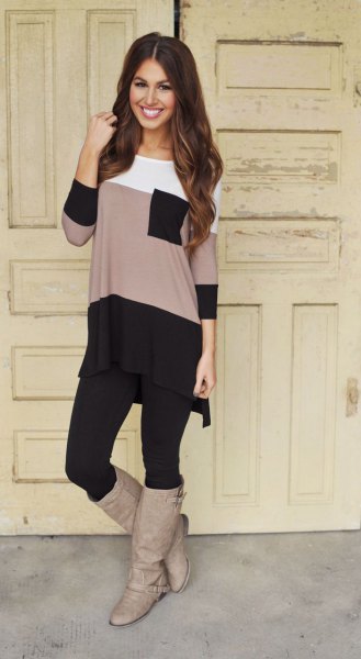 color block long tee with black leggings and gray leather shoes
