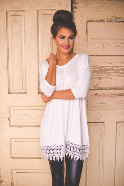 white crochet lace tunic long top with black leather leggings