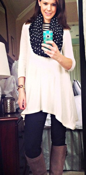white tricot sleeve tunic top with black polka dot infinity scarf