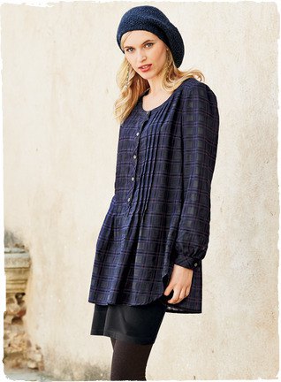 navy checkered button up long top with black leggings