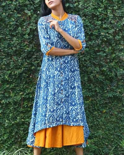 blue and white stem printed long tunic top with mustard yellow dress