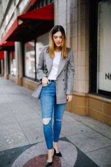 gray oversized casual blazer with white tee and blue jeans