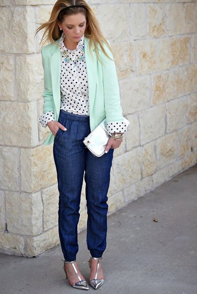 white blazer with polka dot shirt and jeans