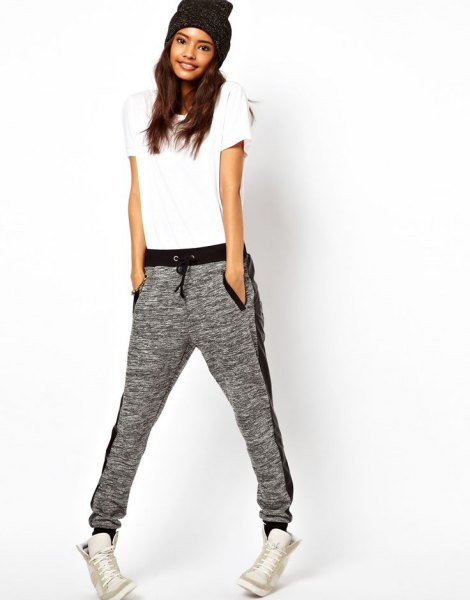 white t-shirt with gray hat and matching jogging pants