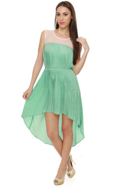 mint green sleeveless pleated high low midi circular dress