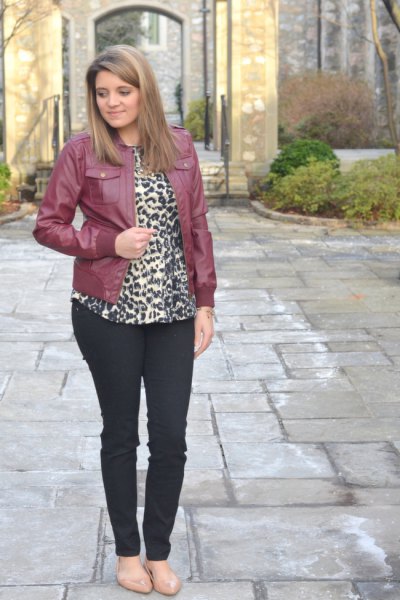 leather jacket with blouse in leopard print