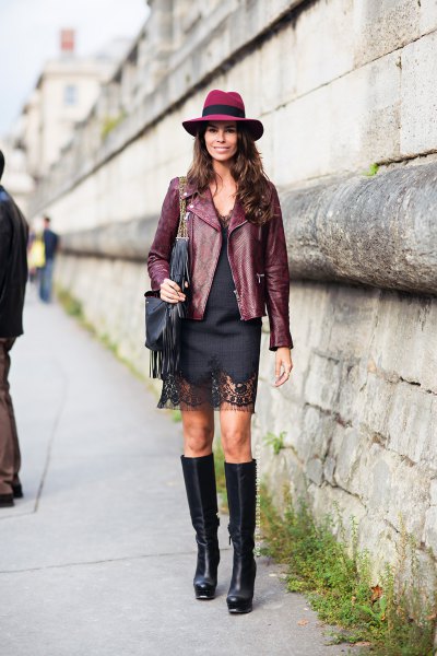 leather blazer with mini black shift dress and felt hat