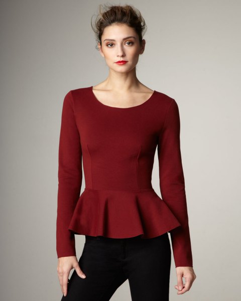 burgundy long sleeve top with black jeans