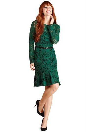 lace with long sleeves, belt in knee length dress with black heels