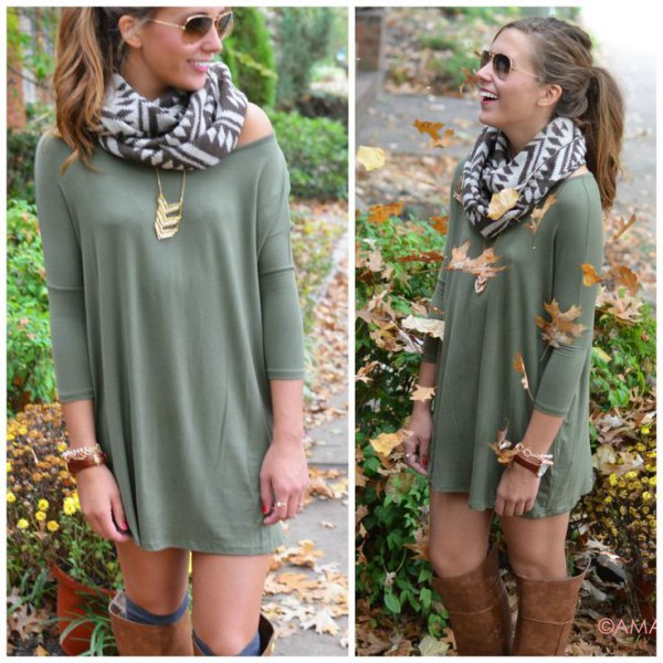 off shoulder mini shift dress with green and white printed wool scarf