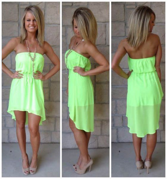 from the shoulder mini high low chiffon dress with pink heels with open toe