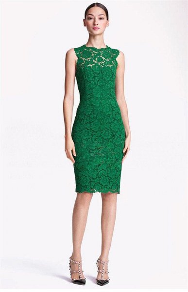 green sleeveless bodycon midi lace dress
