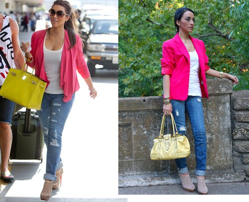 pink blazer with white top with scoop neck and ripped jeans