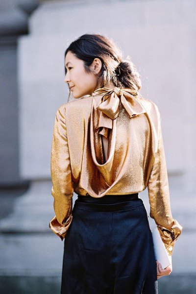 gold cabbage gorgeous back metallic blouse with black mini skirt