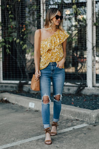 mustard yellow a shoulder printed top with ripped jeans