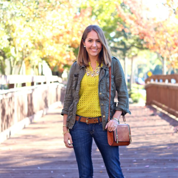 mustard yellow half top with military green jacket
