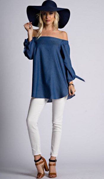 navy blue from the shoulder tunic blouse with black floppy hat