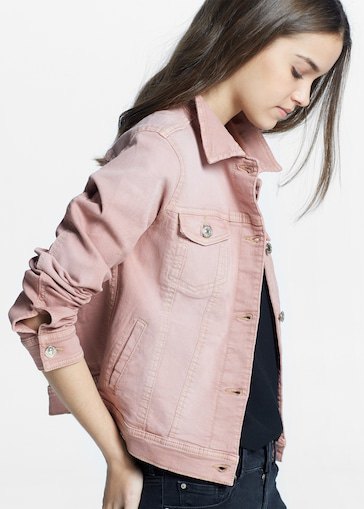 pink denim jacket with black tee and matching slim jeans