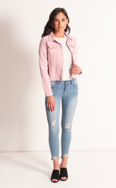 rouge denim jacket with white crew crew shirt and light blue jeans