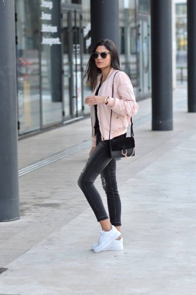 pink denim jacket with all black outfit