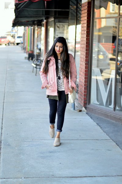 light pink jacket with gray unbuttoned boyfriend shirt and white print tee
