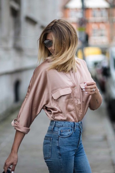 pink gold satin long sleeve shirt with mom jeans