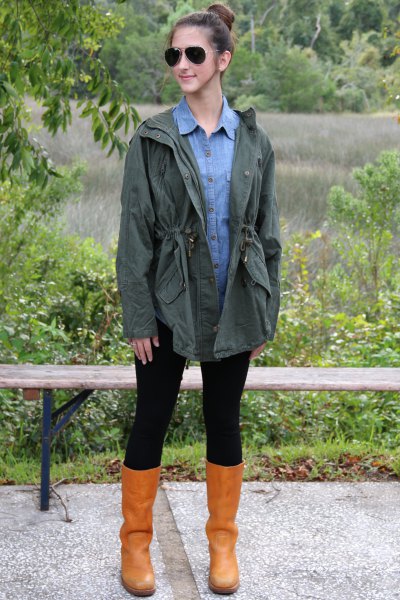 olive boyfriend jacket with light blue chambray button up shirt and leather boots