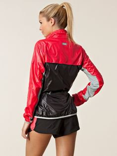 red and black color block nylon jacket with mini-shorts