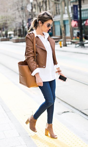 brown short leather jacket with white long shirt