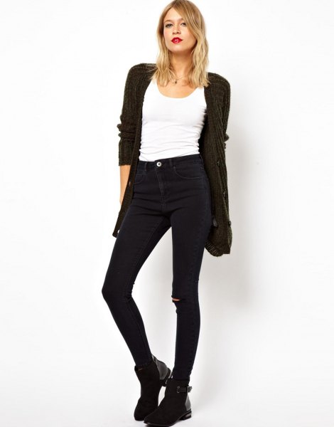 black cardigan with white top and high jeans