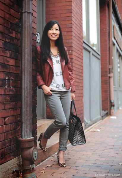 brown petite leather jacket with white v-neck printed blouse