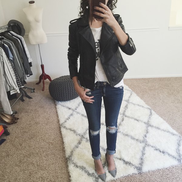 black petite matte leather jacket with white print tee and skinny jeans