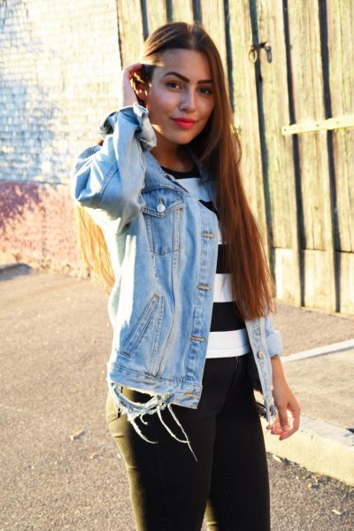 black and white striped sweater with denim jacket and jeans