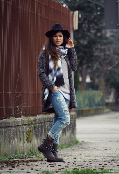 Heather gray wool coat with pull on ripped boyfriend jeans