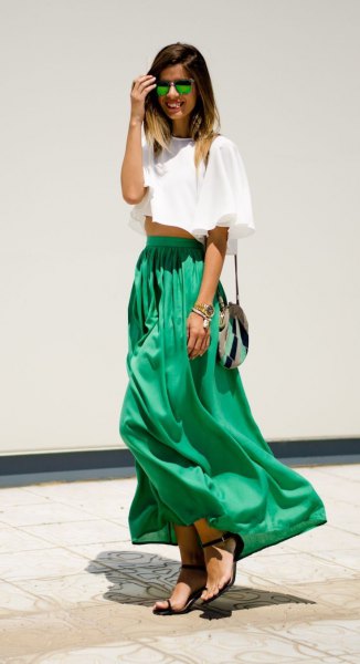 white cropped tee with green high waist skirt