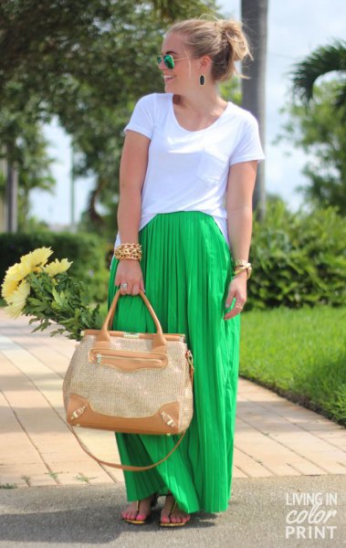 white t-shirt with lime green maxi-pleated skirt