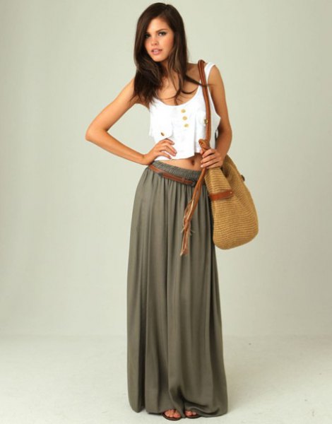 white cropped tank top with green long chiffon skirt