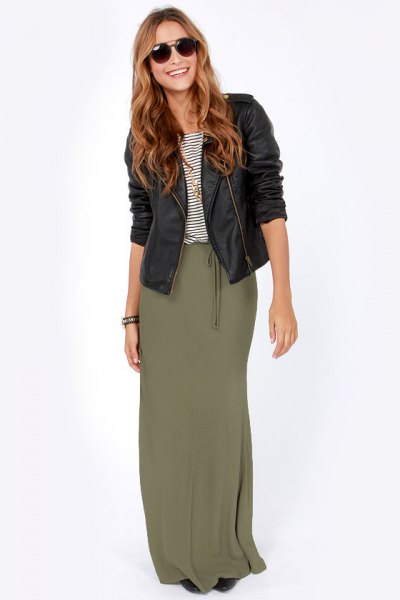 black moto leather jacket with maxi skirt with olive